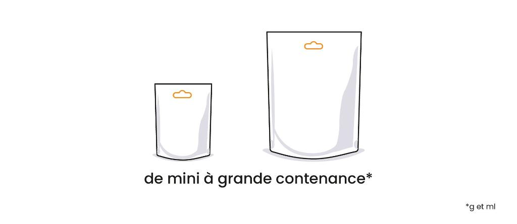 Schéma de Doypack avec trou européen avec des contenance en gramme et millilitre 